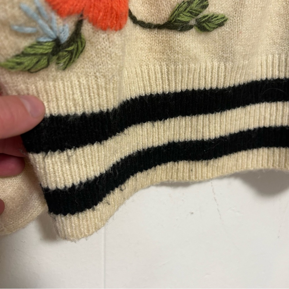 Anthro Harlyn Floral Embroidered Wool Blend Crewneck Sweater Women's Cream - Picture 7 of 9